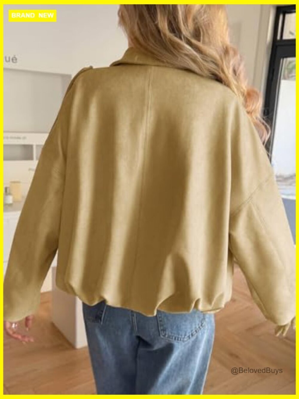 Faux Suede Bomber Jacket Oversized Cropped Zip Up Lapel Coat - Picture 5 of 7